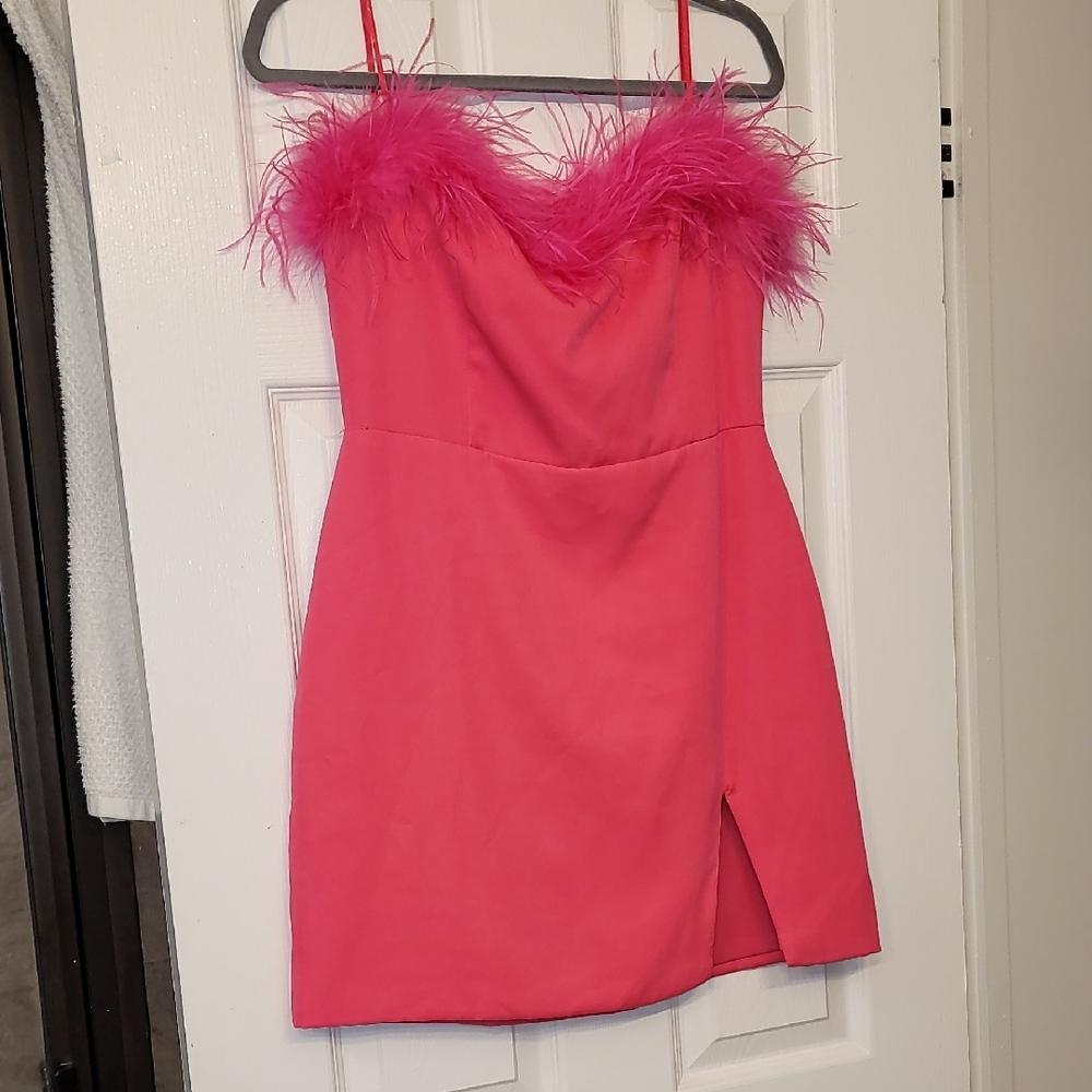 Elegant Pink Feather-Trim Dress Size L DO+BE Barbie Cowgirl